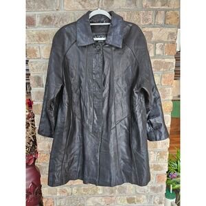 Vintage IZZI Black Genuine Leather Trench Coat Jacket Boxy Oversize M Streetwear